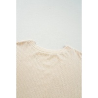 Beige Lace Crochet Patched Cable Textured Cuffed Short Sleeve Plus Size Top - 4X thumbnail