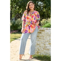 Pink Plus Size Floral Print V Neck Fit and Flare Blouse - 2X thumbnail