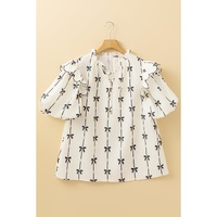 Apricot Bow Printed Ruffled Bubble Sleeve Lace-up Notched Neck Plus Size Blouse - 1X thumbnail