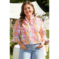 Pink Floral Ruffled Collar Bracelet Sleeve Plus Size Blouse Top - 1X thumbnail