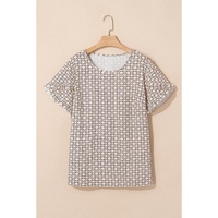 Khaki Plus Size Geometric Print Ruffled Sleeve Blouse - 1X thumbnail