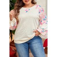 Apricot Plus Size Floral Patchwork Ribbed Puff Sleeve Top - 1X thumbnail