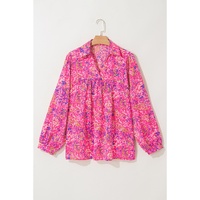 Purple Plus Size Floral Print Puff Sleeve V Neck Blouse - 1X thumbnail