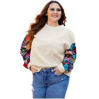 White Floral Patchwork Sleeve Textured Plus Size Pullover Top - 1X thumbnail