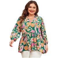 Green Floral Tied V Neck Long Sleeve Plus Size Babydoll Top - 1X thumbnail