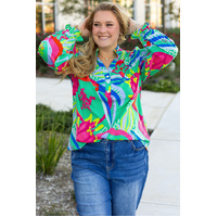Green Abstract Printed Flounce Sleeve V Neck Buttoned Plus Size Blouse - 1X thumbnail