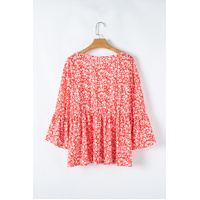 Red Plus Size Floral V Neck Flared Bracelet Sleeve Blouse - 1X thumbnail