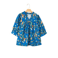 Blue Floral Notched V Neck Half Sleeve Plus Size Blouse - 4X thumbnail