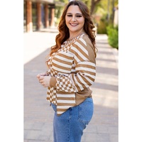 Khaki Striped Checkered Mixed Print Chest Pocket Casual Plus Size Top - 1X thumbnail