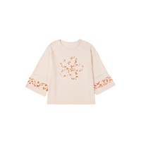 Beige Plus Size Flower Patched Side Slits Crewneck Top - 1X thumbnail