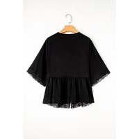 Black Plus Size Lace Splicing Button V Neck Short Sleeve Top - 3X thumbnail