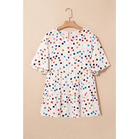 Beige Colorful Polka Dot Print Short Sleeve Ruffled Plus Size Babydoll Blouse - 1X thumbnail