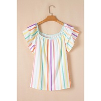 White Stripe Ruffled Sleeve Square Neck Plus Size Blouse - 1X thumbnail