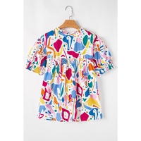 White Abstract Print Shirred Cuff Puff Sleeve Plus Size Blouse - 2X thumbnail