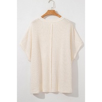 Beige Waffle Exposed Seam Detail Plus Size Short Sleeve Top - 1X thumbnail