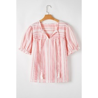 Pink Stripe Plus Size Tassel Tie Frilled Detail Short Sleeve Blouse - 1X thumbnail