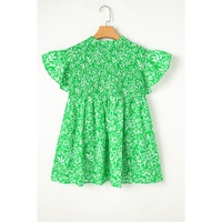 Green Floral Flutter Sleeve Shirred Notched Neck Plus Size Blouse - 4X thumbnail