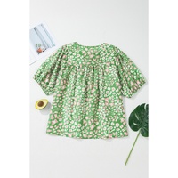Green Plus Size Floral Tassel Tie Split Neck Puff Sleeve Blouse - 2X thumbnail