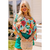 Sky Blue Plus Size Floral Print V Neck Batwing Sleeve Blouse - 2X thumbnail