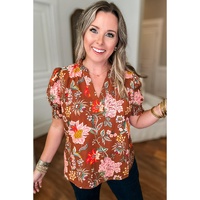 Brown Floral Stitched V Neck Frilled Trim Puff Short Sleeve Blouse - 1X thumbnail