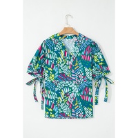 Green Abstract Print Knotted Short Sleeve Plus Size Blouse - 4X thumbnail