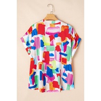 Colorful Brush Stroke Printed Plus Size Button Split Neck Blouse - 2X thumbnail