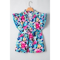 Blue Floral Flutter Sleeve Tied Notched Neck Plus Size Blouse - 2X thumbnail
