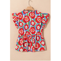 Red Plus Size Floral Print Ruffle Trim Split Neck Peplum Top - 1X thumbnail