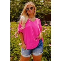 Bright Pink Seamed Back High Low Hem V Neck Cuffed Sleeve Plus Size Tee - 4X thumbnail