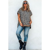 Khaki Leopard Contrast Trim Short Sleeve Loose Plus Size Top - 1X thumbnail