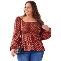 Red Plus Size Square Neck Printed Peplum Top - 1X thumbnail