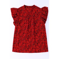 Fiery Red Rose Floral Print Ruffle Sleeve Plus Size Shift Top - 3X thumbnail
