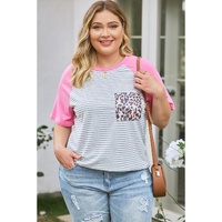 Stripe Leopard Patch Pocket Plus Size Raglan Sleeve Tee - 2X thumbnail