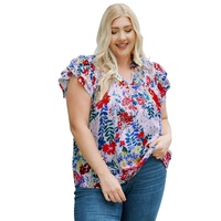 Red Plus Floral Print Ruffle Cap Sleeve V Neck Blouse - 2X thumbnail