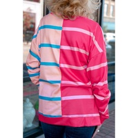 Rose Stripe Color Block Crewneck Long Sleeve Plus Size T Shirt - 2X thumbnail