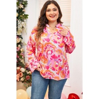 Pink Plus Size Abstract Floral Print V Neck Blouse - 2X thumbnail