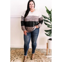 Black Leopard Print Colorblock V Neck Long Sleeve Plus Size Top - 1X thumbnail