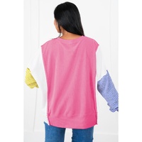 Rose Red Colorblock Patchwork Striped Puff Sleeve Plus Size Top with Slits - 1X thumbnail