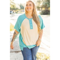 Mint Green Color Block Raglan Sleeve Buttoned Plus Size T Shirt - 2X thumbnail