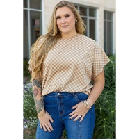 Khaki Checkerboard Short Batwing Sleeve Round Neck Plus Size T Shirt - 1X thumbnail