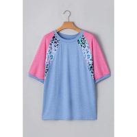 Sky Blue Leopard Print Patch Colorblock Plus Size T Shirt - 4X thumbnail