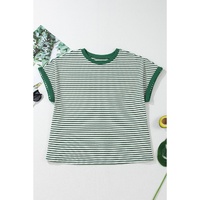 Green Stripe Trimmed Round Neck Plus Size Boxy Fit T-shirt - 1X thumbnail