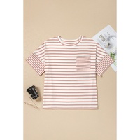 Pink Stripe Waffle Knit Pocketed Half Sleeve Plus Size T Shirt - 1X thumbnail