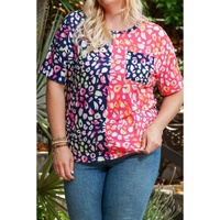 Plus Size Leopard Colorblock Short Sleeve Top - 1X thumbnail