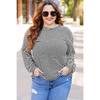 Black Stripe Drop Shoulder Puff Long Sleeve O Neck Plus Size T Shirt - 1X thumbnail