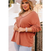 Gold Flame Plus Size Exposed Seam V Neck Long Sleeve Top - 2X thumbnail