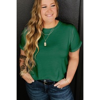 Dark Green Round Neck Rolled Sleeve Plus Size T-shirt - 1X thumbnail