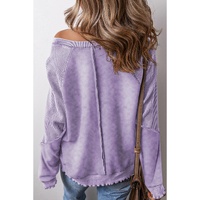 Orchid Petal Textured Patchwork Frilled Trim Plus Size Pullover Sweatshirt - 1X thumbnail