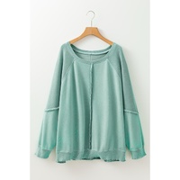 Mineral Blue Textured Patchwork Frilled Trim Plus Size Pullover Sweatshirt - 1X thumbnail