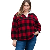 Red Plus Size Buffalo Plaid Sherpa Henley Sweatshirt - 3X thumbnail